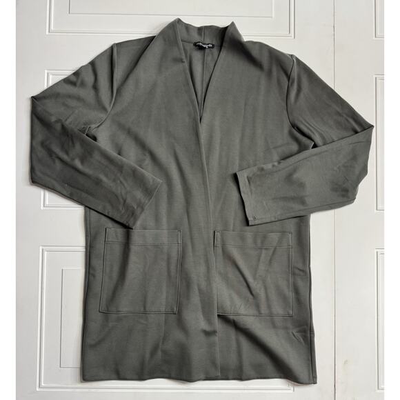 Eileen Fisher L Green Gray Stretch Crepe High Collar Kimono Cardigan Jacket - Picture 1 of 6
